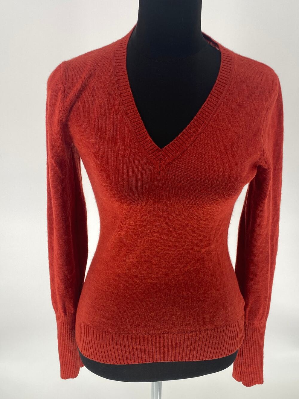 The Limited Rust Orange Merino Wool V Neck Sweater Size Small Button Cuff Detail